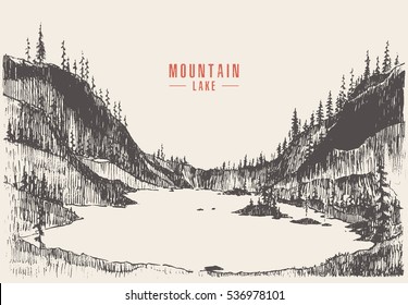 Vector illustration of a mountain lake with pine forest, engraving style, hand drawn