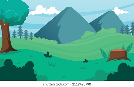 Vector illustration mountain landscape across the green fields background.