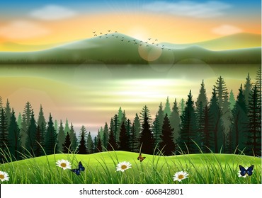 vector illustration of Mountain landscape background with lake at sunset