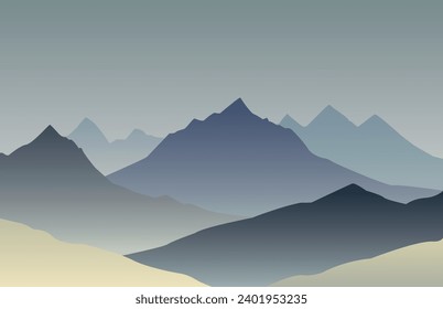 Vector illustration of mountain landscape, beautiful nature green color with mist and forest, sunrise in the mountains