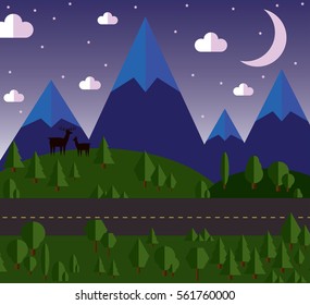 vector illustration Mountain landscape beside the road, the hills are covered with forests, moonlit night, stars in the sky.