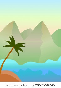 Vector illustration of mountain landscape, blue sea, tree, clear sky, cartoon style background