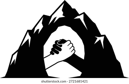 Ilustración vectorial de un paisaje montañoso con una entrada en cueva en forma de dos manos que se agarran entre sí representando la Asistencia, el trabajo en equipo, la asistencia, la aventura y la asociación aislados en blanco