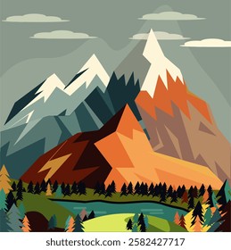 vector illustration of a mountain landscape covered with snow at the tip around the meadow there is a river lake and many trees and fir trees