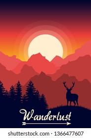 Vector illustration of mountain landscape with deer in a forest at sunset.