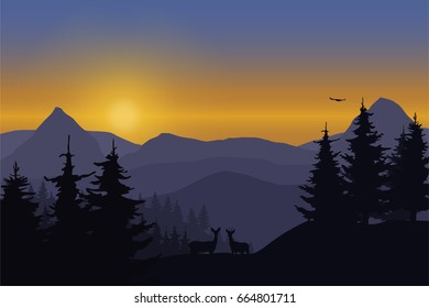 Vector illustration of a mountain landscape with deer in a forest under the sky with dawn