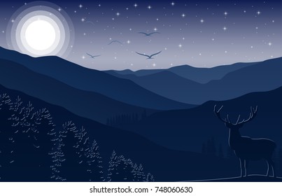 Vector illustration of Mountain landscape with deer and forest at night