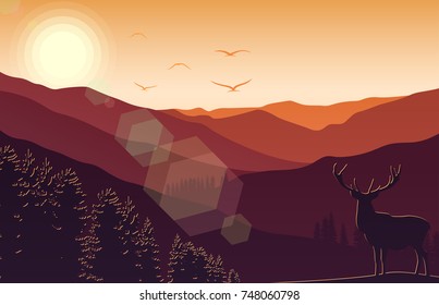 Vector illustration of Mountain landscape with deer and forest at sunset