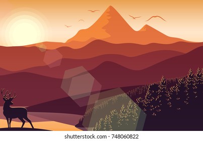 Vector illustration of Mountain landscape with deer and forest at sunset