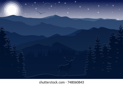 Vector illustration of Mountain landscape with deer and forest at night