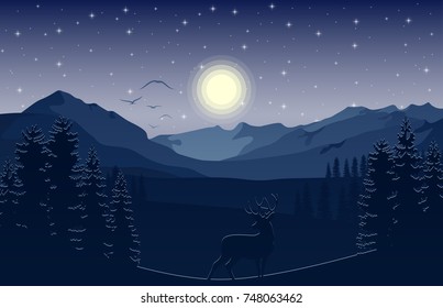 Vector illustration of Mountain landscape with deer and forest at night