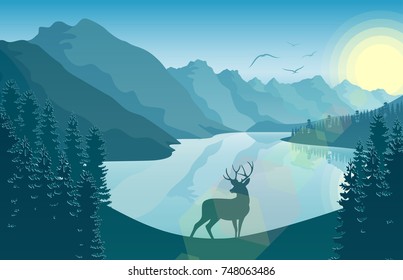 Vector illustration of Mountain landscape with deer in a forest and lake