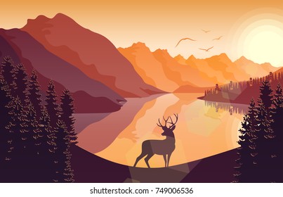 Vector illustration of Mountain landscape with deer in a forest and lake at sunset