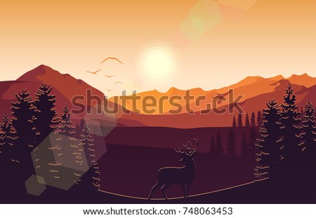 Vector illustration of Mountain landscape with deer and forest at sunset