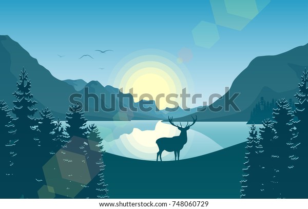 Vector Illustration Mountain Landscape Deer Forest Stock Vector ...