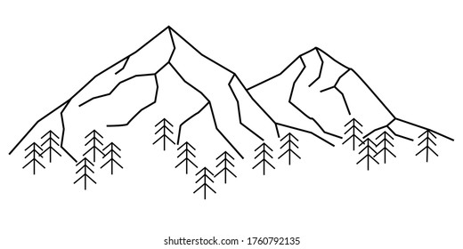 Vector illustration of mountain landscape in flat line style. Mountain range with trees lineart icon isolated on white. Symbol for ski resort, vacation banner, travel badges, prints