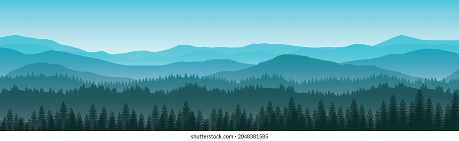 Vector illustration with  mountain landscape. fog and forest.