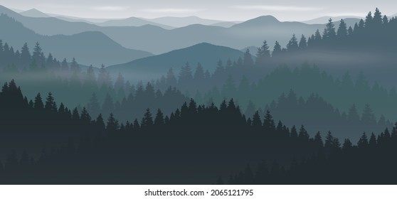Vector illustration with  mountain landscape. fog and forest.