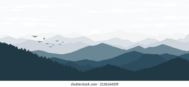 ilustración vectorial del paisaje montañoso con niebla y amanecer forestal y puesta de sol en las montañas