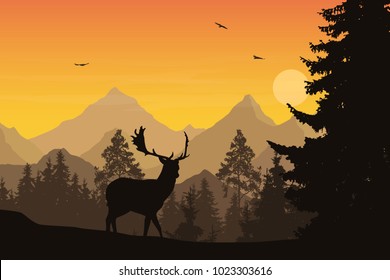 Vector Illustration Of Mountain Landscape With Forest And Deer Under Orange Sky With Clouds, Sun And Flying Birds