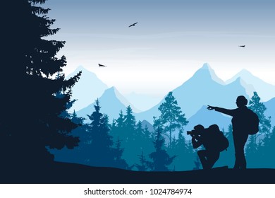 Vector illustration of mountain landscape with forest and two tourists with camera, under blue sky with clouds and flying birds