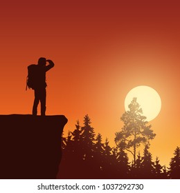Vector illustration of mountain landscape with forest, rising sun and tourist - with space for text