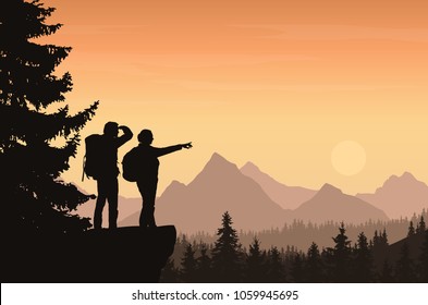 Vector illustration of a mountain landscape with a forest and two tourists, man and woman with backpacks showing his hand and looking into the distance under a orange sky with sun