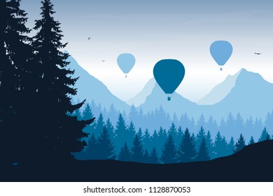 Vector illustration of mountain landscape with forest, flying hot air balloons and birds in blue sky with clouds