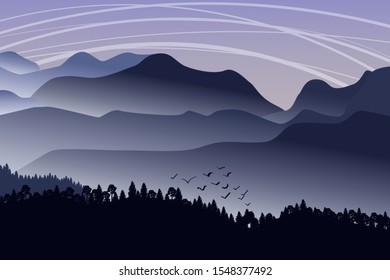 Vector illustration of the mountain landscape with forest and silhouettes of birds