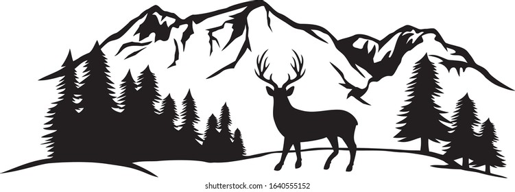 Vector illustration of mountain landscape with forest and deer