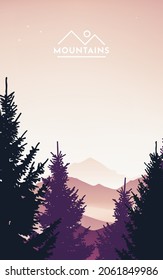 Vector illustration of mountain landscape with forest and sky with the dawn. Sunset in the mountains. Morning sky. Minimalist style graphic design for flyers, banners, backgrounds, coupons, vouchers