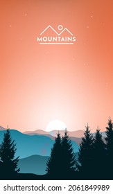 Vector illustration of mountain landscape with forest and sky with the dawn. Sunset in the mountains. Morning sky. Minimalistic style graphic design for flyers, banners, backgrounds, coupons, vouchers