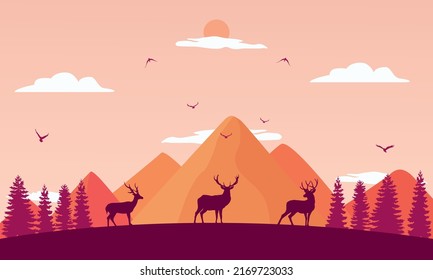 Vector illustration of mountain landscape with forest, deer and eagles