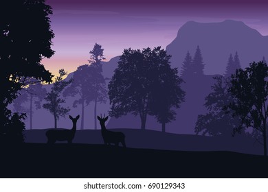 Vector illustration of a mountain landscape with a forest and a deer under a purple sky with the rising sun