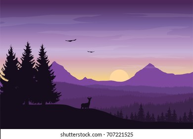 Vector illustration of mountain landscape with forest and deer under a purple sky with sunrise and clouds with flying birds
