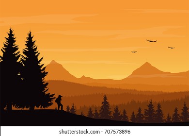 Vector illustration of mountain landscape with forest and photographer under orange sky with clouds and flying birds