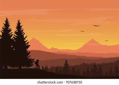 Vector illustration of mountain landscape with forest and photographer under orange sky with clouds and flying birds