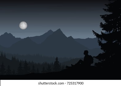 Vector illustration of mountain landscape with forest and man sitting under night blue-gray sky with moon in full moon and clouds