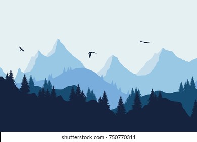 Vector illustration of a mountain landscape with a forest and flying birds under a blue-grey sky