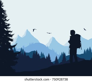 Vector illustration of a mountain landscape with a forest and flying birds and a tourist under a blue-gray sky