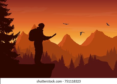 Vector illustration of a mountain landscape with a forest and flying birds and a tourist holding a map, under an orange sky
