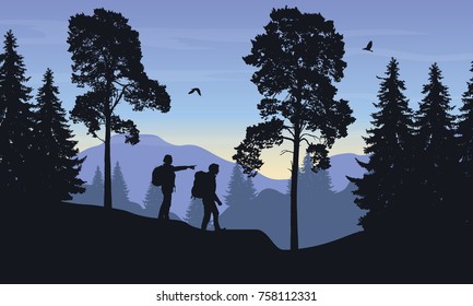 Vector illustration of a mountain landscape with a forest and two tourists, man and woman with backpacks showing his hand and looking into the distance under a blue sky