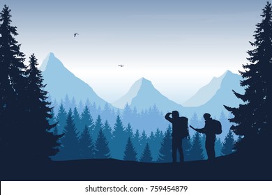 Vector illustration of a mountain landscape with a forest and two tourists, man and woman with backpacks showing his hand and looking into the distance under a blue sky