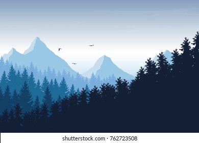 Ilustración vectorial del paisaje montañoso con el bosque bajo el cielo azul con nubes y aves voladoras, con espacio para texto