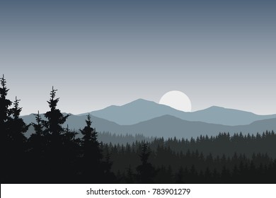 Vector illustration of mountain landscape with forest under gray sky with clouds and rising sun