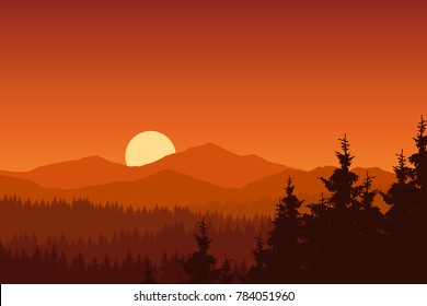 Vector illustration of mountain landscape with forest under orange sky with rising sun