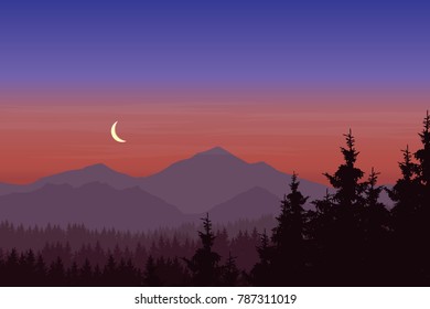 Vector illustration of mountain landscape with forest under blue-pink sky with crescent