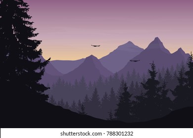 Vector illustration of mountain landscape with forest and flying birds under cloudy sky with dawn