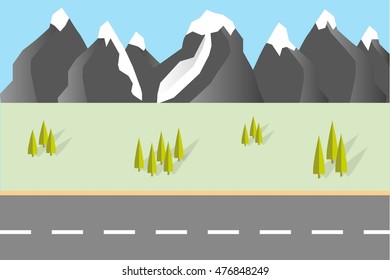 Vector illustration mountain landscape and highway, flat design