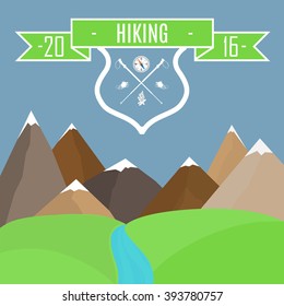 Vector illustration. Mountain landscape. Mountain hikeng emblem.